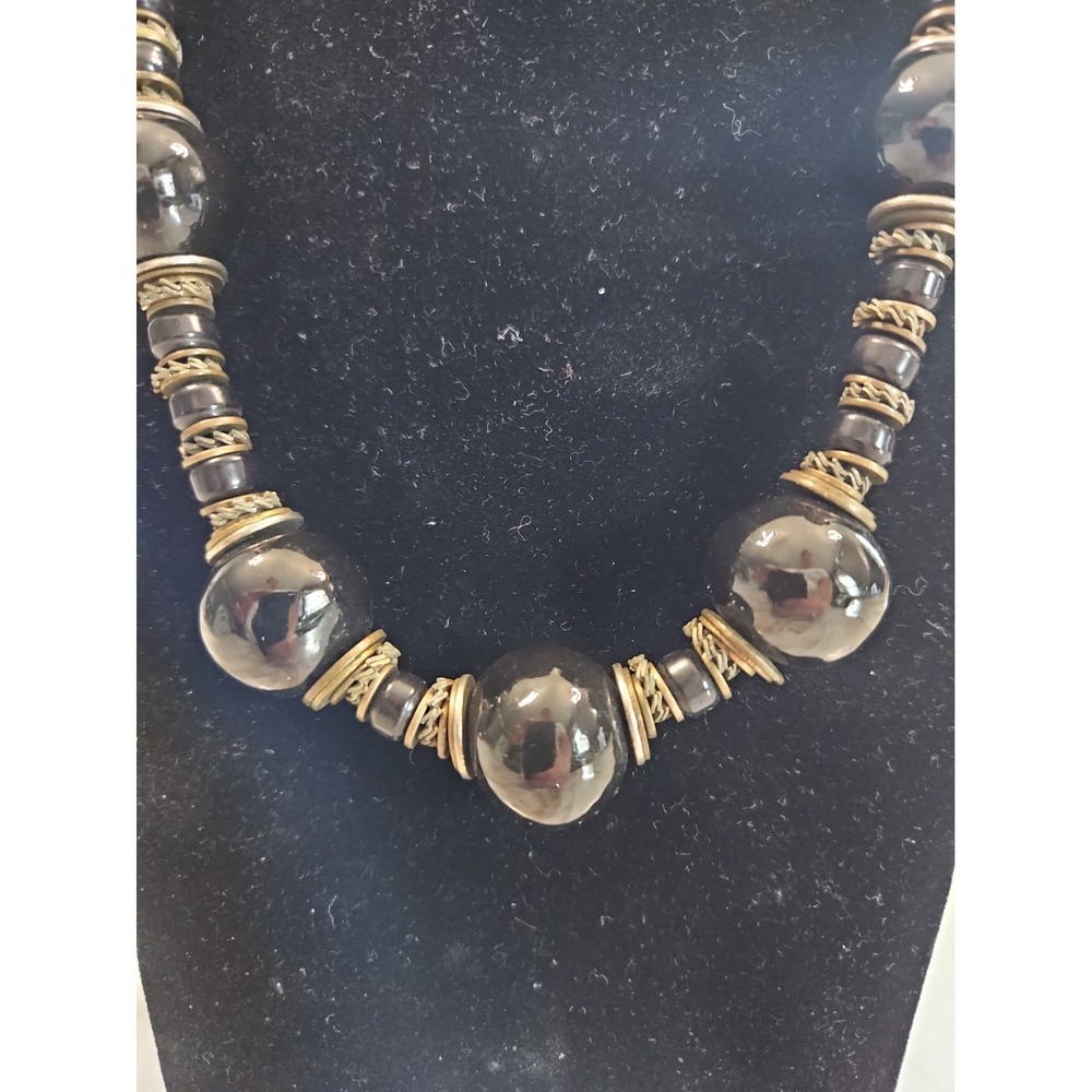 Black Ceramic Necklace Finished Pottery Beads Brass Findings Vintage 80s Heavy
